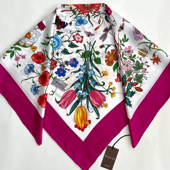 New Gucci Scarf Floral 1 Print Iconic Multicolor Pink Border Silk Wrap - Picture 15 of 15